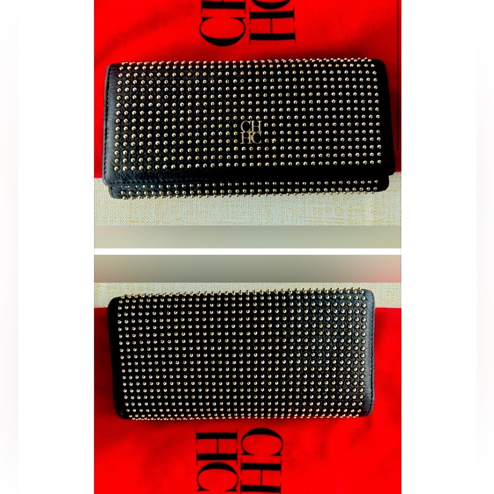 CH Carolina Herrera Black and Gold Studded Wallet / Clutch